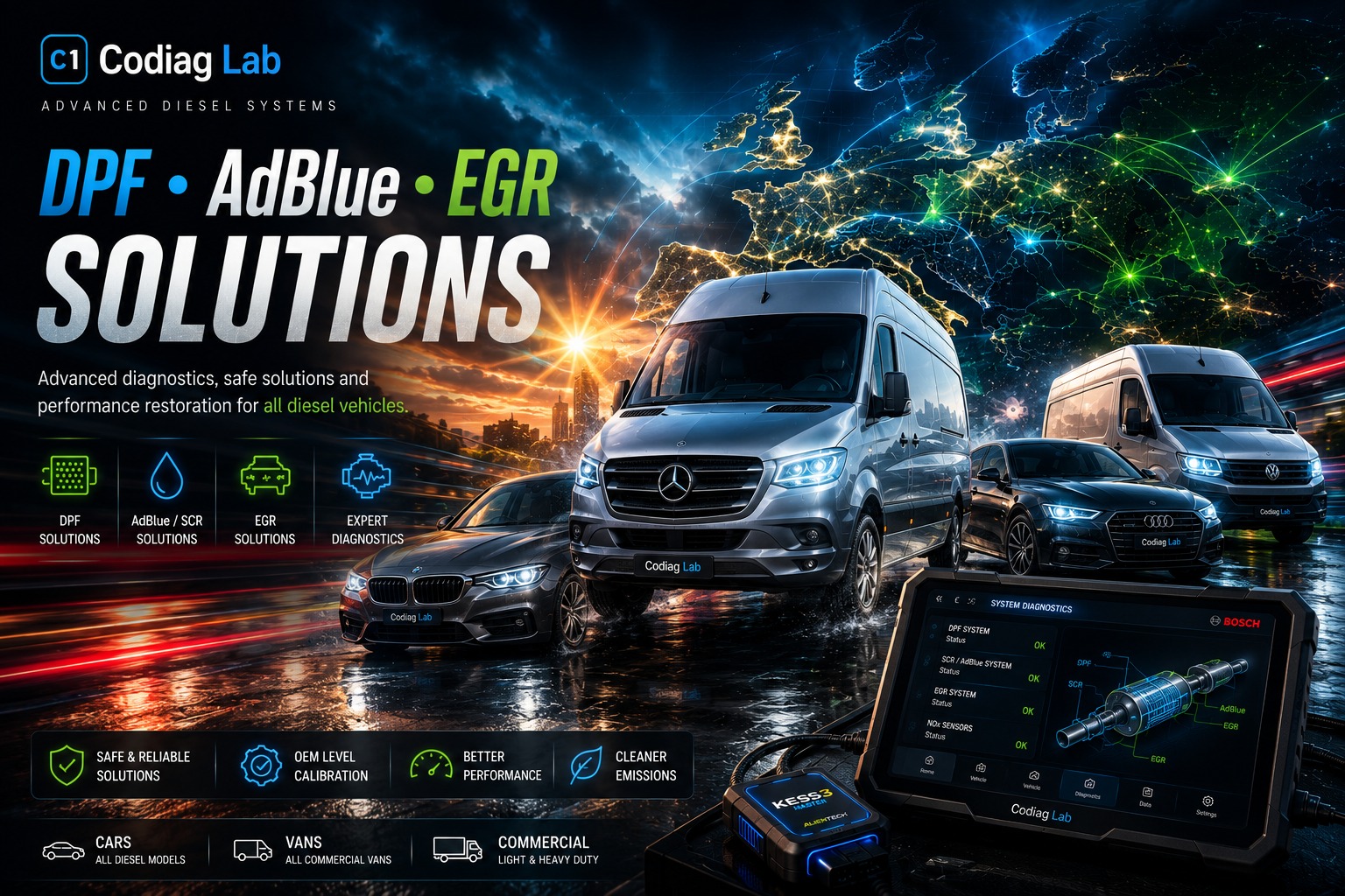 حلول DPF و AdBlue و EGR لأنظمة الديزل في السيارات والفانات والمركبات التجارية